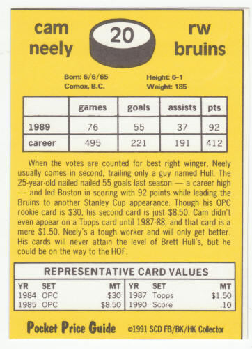 1990-91 SCD #20 Cam Neely Pocket Price Guide Card back