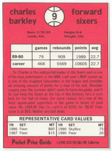 1990-91 SCD #9 Charles Barkley Pocket Price Guide Card