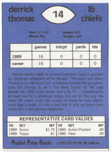 1990-91 SCD #14 Derrick Thomas Pocket Price Guide Card