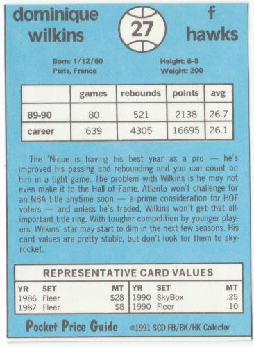 1990-91 SCD #27 Dominique Wilkins Pocket Price Guide Card