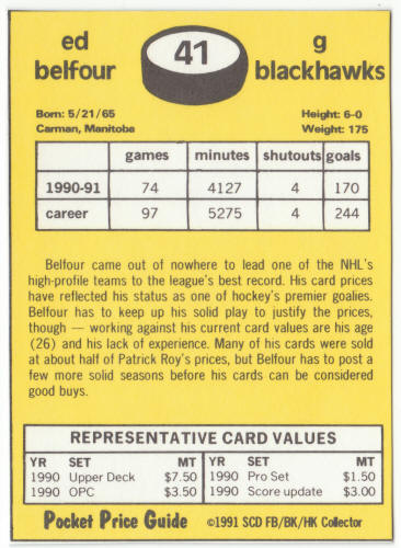 1990-91 SCD #41 Ed Belfour Pocket Price Guide Card back