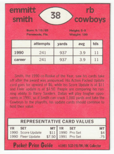 1990-91 SCD #38 Emmitt Smith Pocket Price Guide Card back