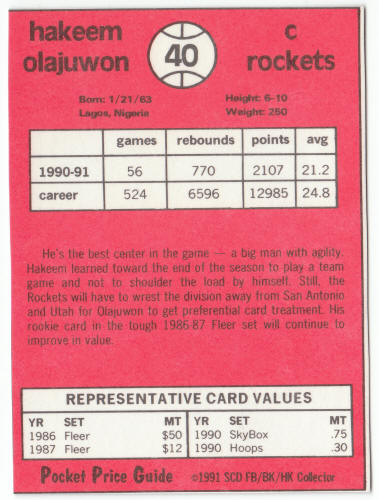 1990-91 SCD #40 Hakeem Olajuwon Pocket Price Guide Card
