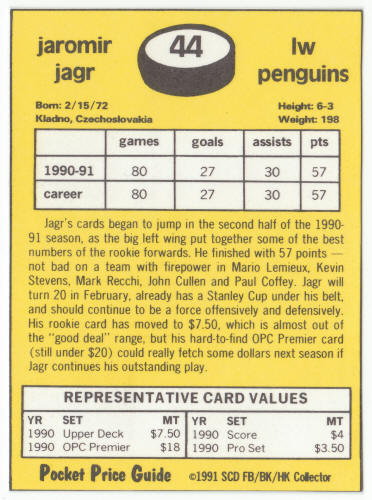 1990-91 SCD #44 Jaromir Jagr Pocket Price Guide Card back