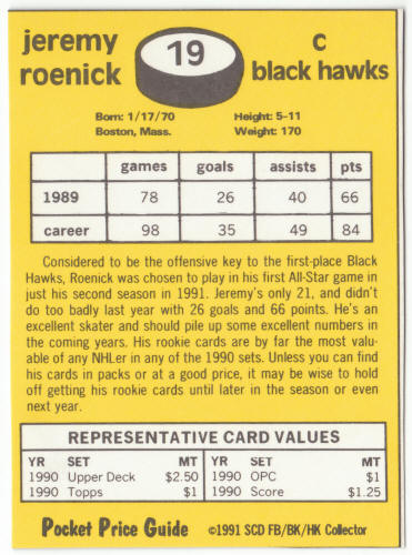 1990-91 SCD #19 Jeremy Roenick Pocket Price Guide Card back