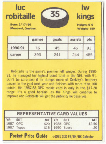 1990-91 SCD #35 Luc Robitaille Pocket Price Guide Card back