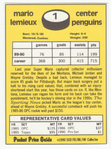 1990-91 SCD #1 Mario Lemieux Pocket Price Guide Card back
