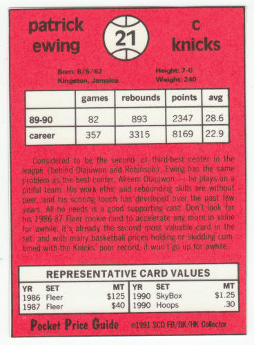 1990-91 SCD #21 Patrick Ewing Pocket Price Guide Card back
