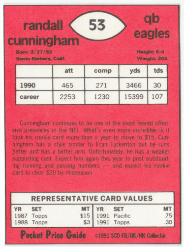 1990-91 SCD #53 Randall Cunningham Pocket Price Guide Card