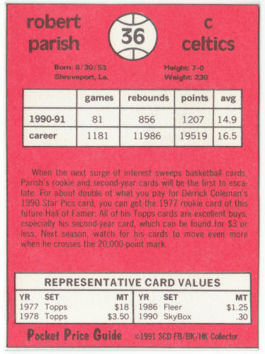 1990-91 SCD #36 Robert Parish Pocket Price Guide Card