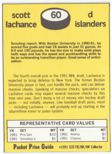 1990-91 SCD #60 Scott Lachance Pocket Price Guide Card back