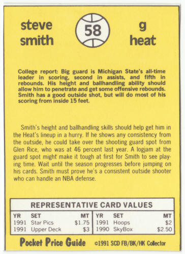 1990-91 SCD #58 Steve Smith Pocket Price Guide Card