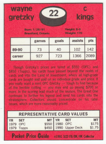 1990-91 SCD #22 Wayne Gretzky Pocket Price Guide Card back