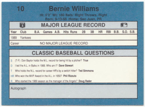1990 Classic Baseball #10 Bernie Williams Rookie Card