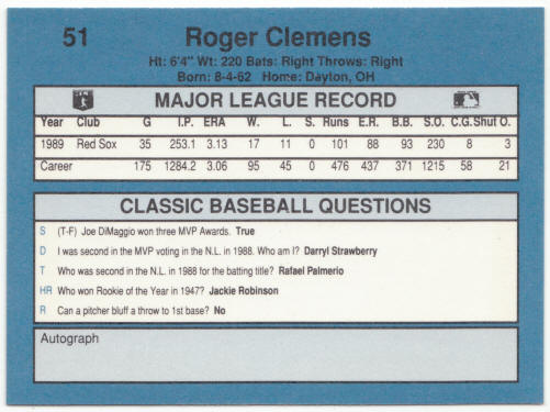 1990 Classic Baseball #51 Roger Clemens