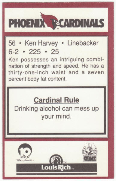 1990 Louis Rich Police Phoenix Cardinals Ken Harvey Rookie Card