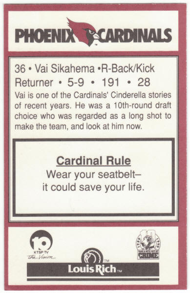 1990 Louis Rich Police Phoenix Cardinals Football Vai Sikahema