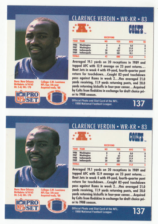 1990 Pro Set Clarence Verdin 137A ERR 137B COR card back