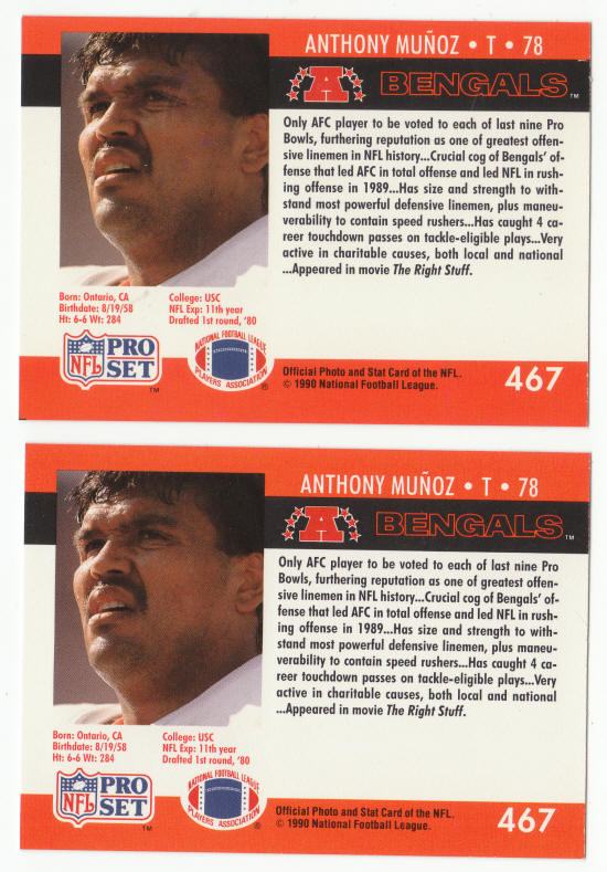 1990 Pro Set Anthony Munoz Error Corrected Card back