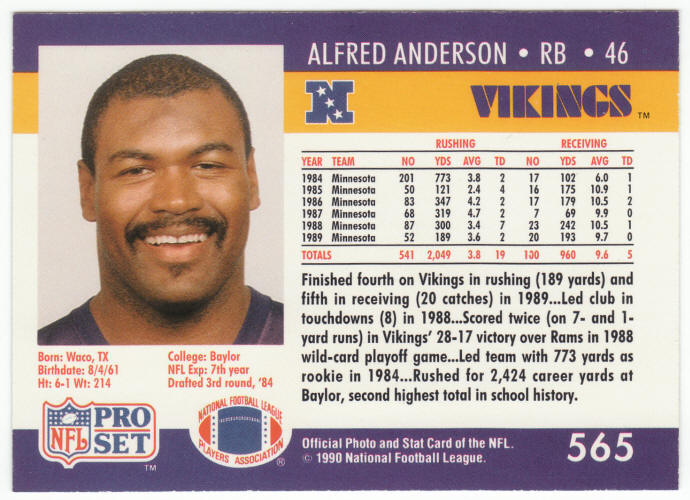 1990 Pro Set Football Alfred Anderson #565 Error Card