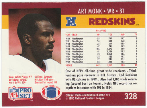 1990 Pro Set Football #328 Art Monk