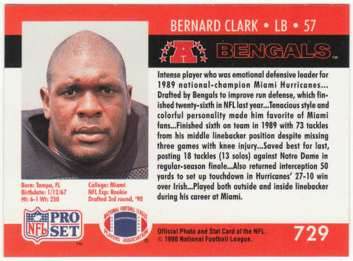1990 Pro Set Football #729 Bernard Clark Error