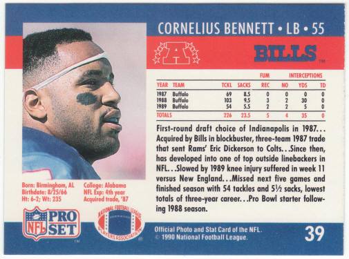 1990 Pro Set #39A Cornelius Bennett Error 1