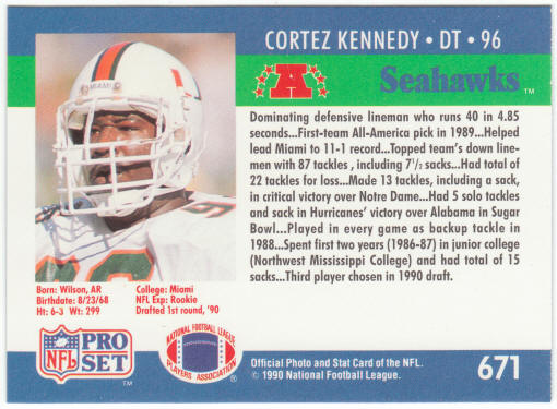 1990 Pro Set Football #671 Cortez Kennedy Rookie Card