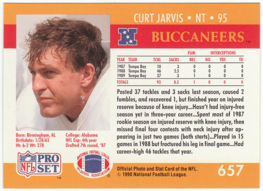 1990 Pro Set Curt Jarvis 657A Error Card