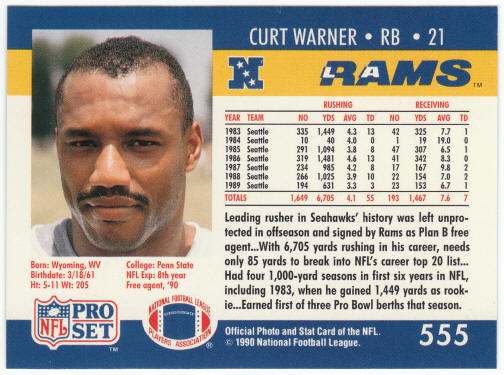 1990 Pro Set Football #555A Curt Warner Error