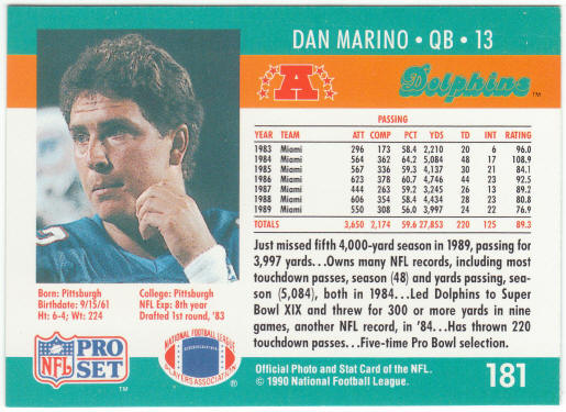 1990 Pro Set Football #181 Dan Marino