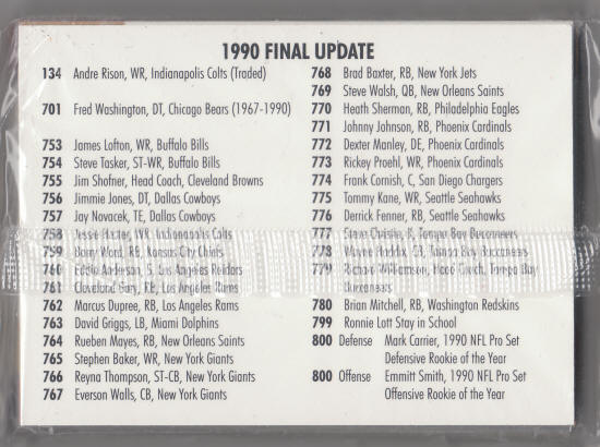1990 Pro Set Football Card Final Update Set back