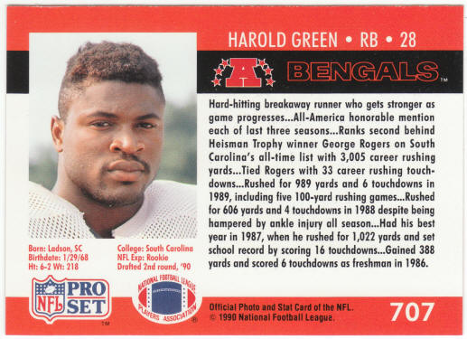 1990 Pro Set Football #707A Harold Green Error