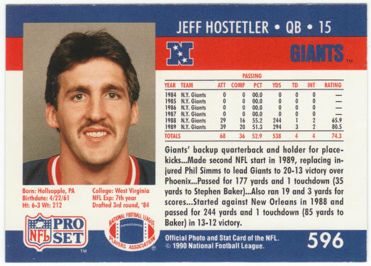 1990 Pro Set Football #596 Jeff Hostetler Rookie Card