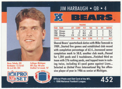 1990 Pro Set Football #452 Jim Harbaugh Rookie Card