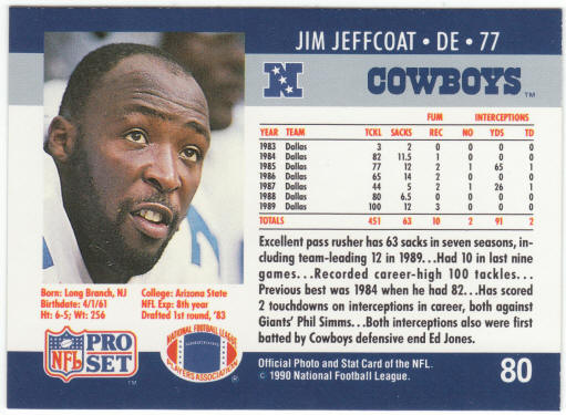 1990 Pro Set Football #80 Jim Jeffcoat error