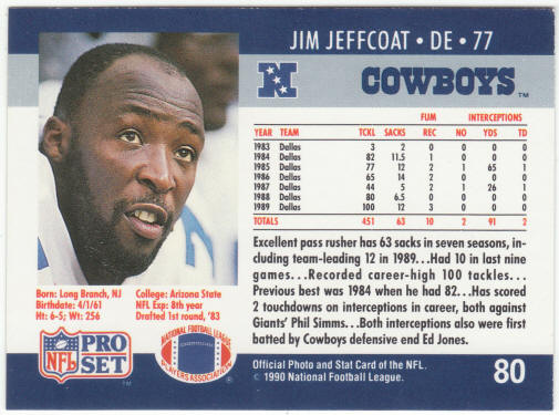1990 Pro Set Football #80 Jim Jeffcoat
