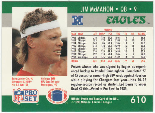 1990 Pro Set Football #610A Jim McMahon Error