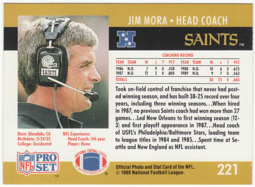 1990 Pro Set Football #221a Jim Mora Error