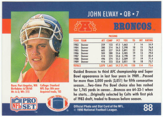 1990 Pro Set Football #88 John Elway
