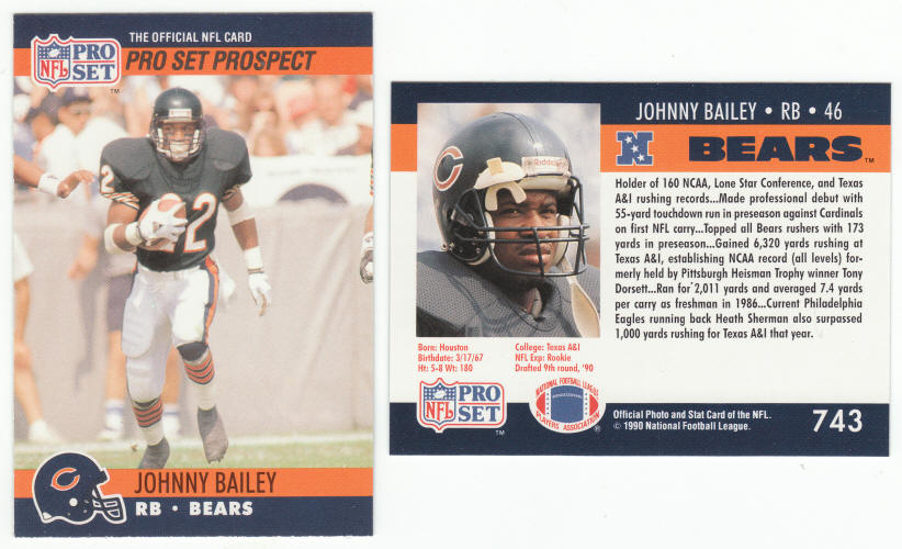 1990 Pro Set Johnny Bailey #743a Error Rookie Card