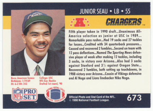 1990 Pro Set Football #673 Junior Seau Rookie Card