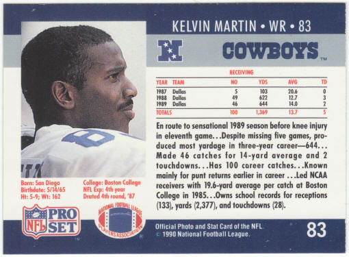 1990 Pro Set Football #83 Kelvin Martin Rookie Card