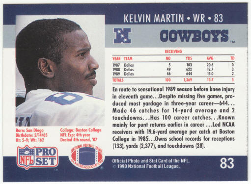 1990 Pro Set Football #83 Kelvin Martin Rookie Card