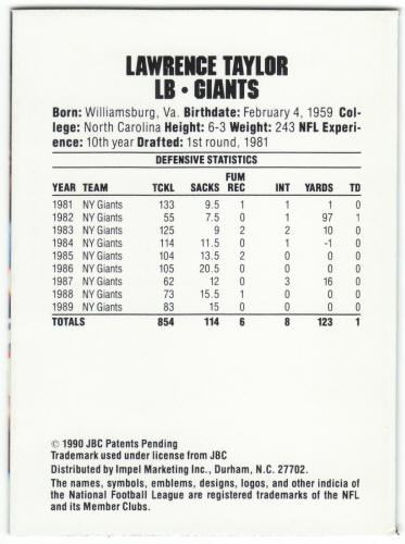 1990 Pro Set Football Collect A Books #19 Lawrence Taylor