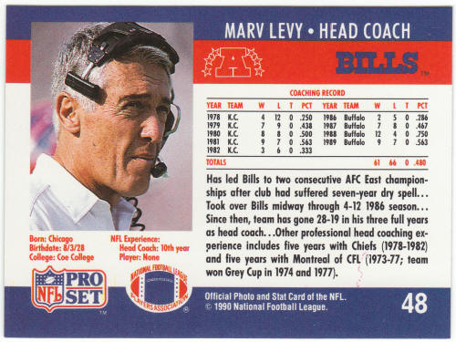 1990 Pro Set Football #48 Marv Levy Error 5 Card