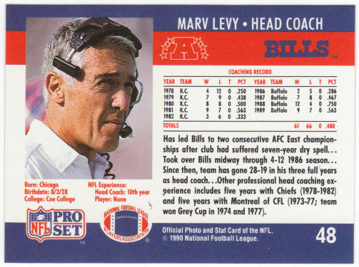1990 Pro Set Football #48 Marv Levy Error Card