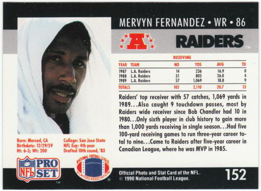 1990 Pro Set Football #152 Mervyn Fernandez