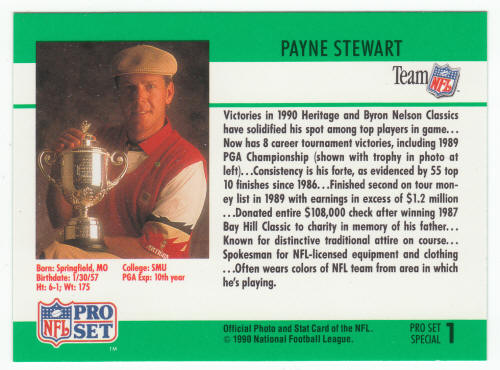 1990 Pro Set Payne Stewart SP1 back