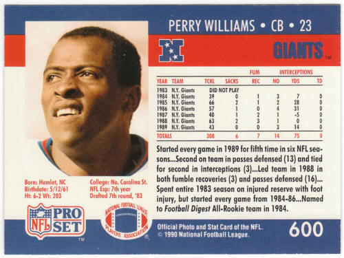 1990 Pro Set Football #600A Perry Williams Error